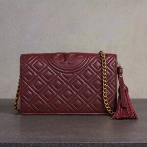 NEW Tory Burch Fleming Claret Burgundy Leather Chain Wallet Small Crossbody Bag